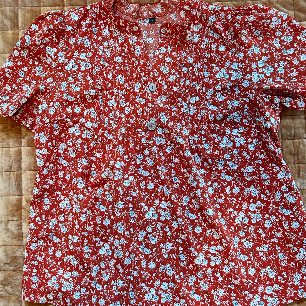 Rust/Orange Floral Bubble Sleeve Blouse